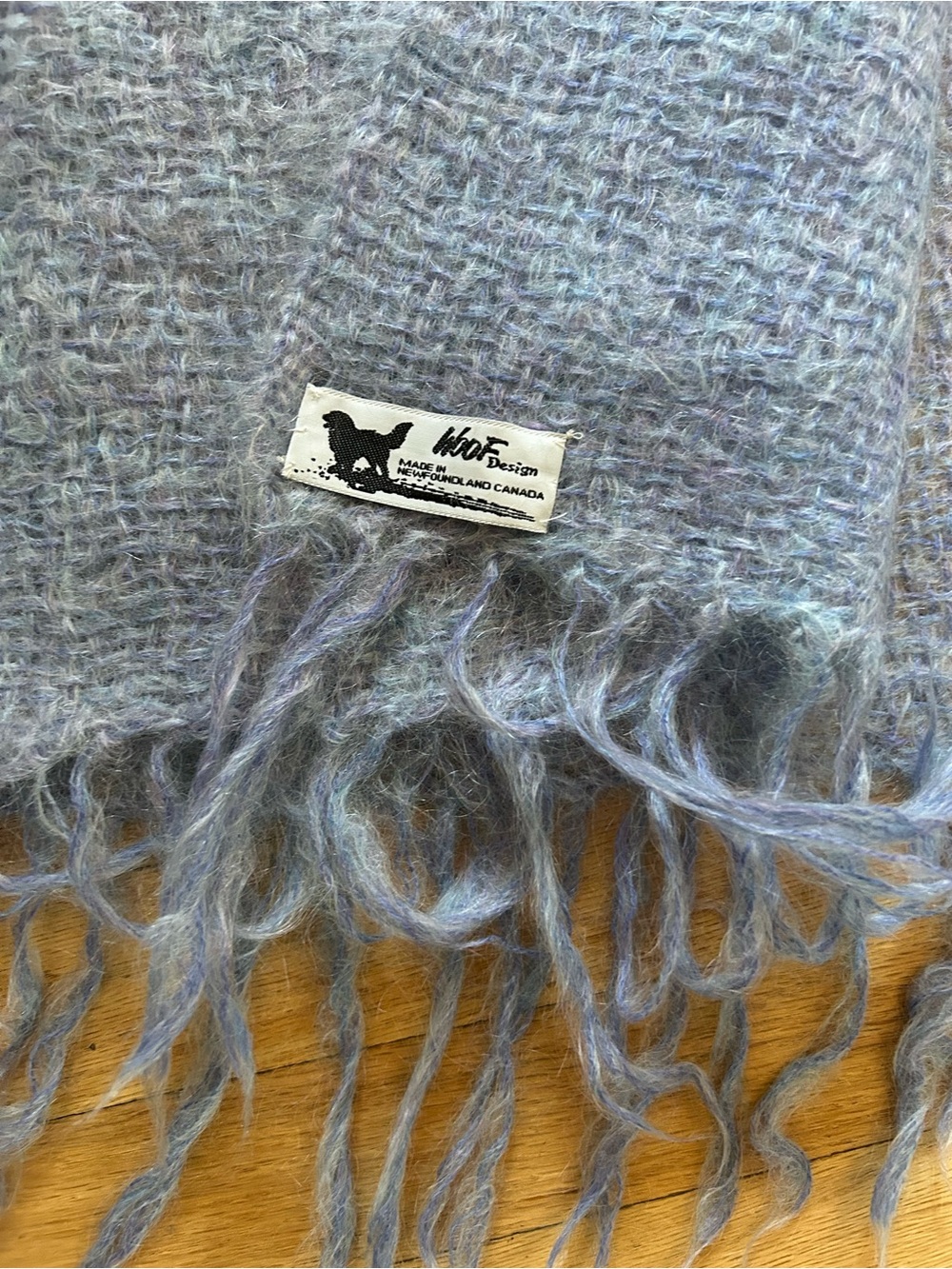 Woof design mohair scarf shawl periwinkle fringe tassel open knit Canada